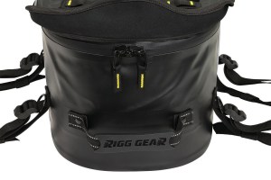 Photo of Hurricane Adventure Tail Bag (SE-4028) on white background - close up of lockable zippers and Rigg Gear logoed handle